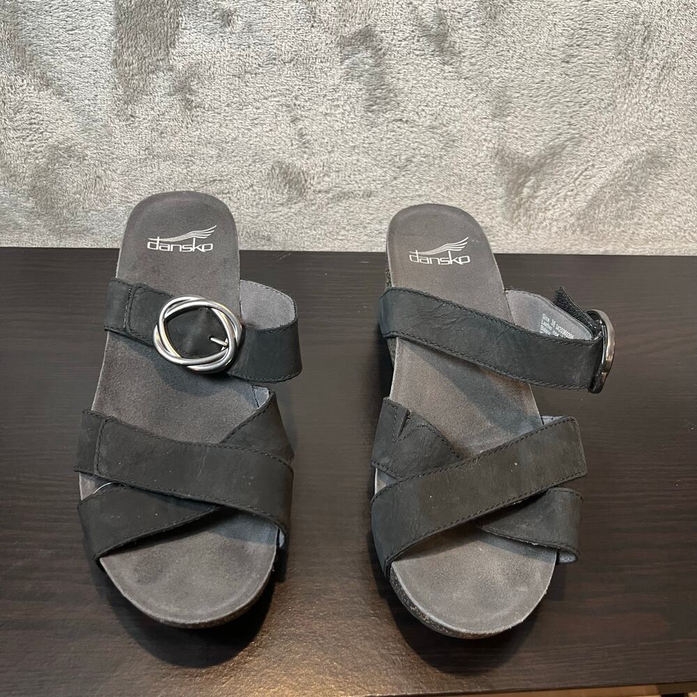 Dansko Black Crisscross Leather Slide Sandals with Silver Ring
